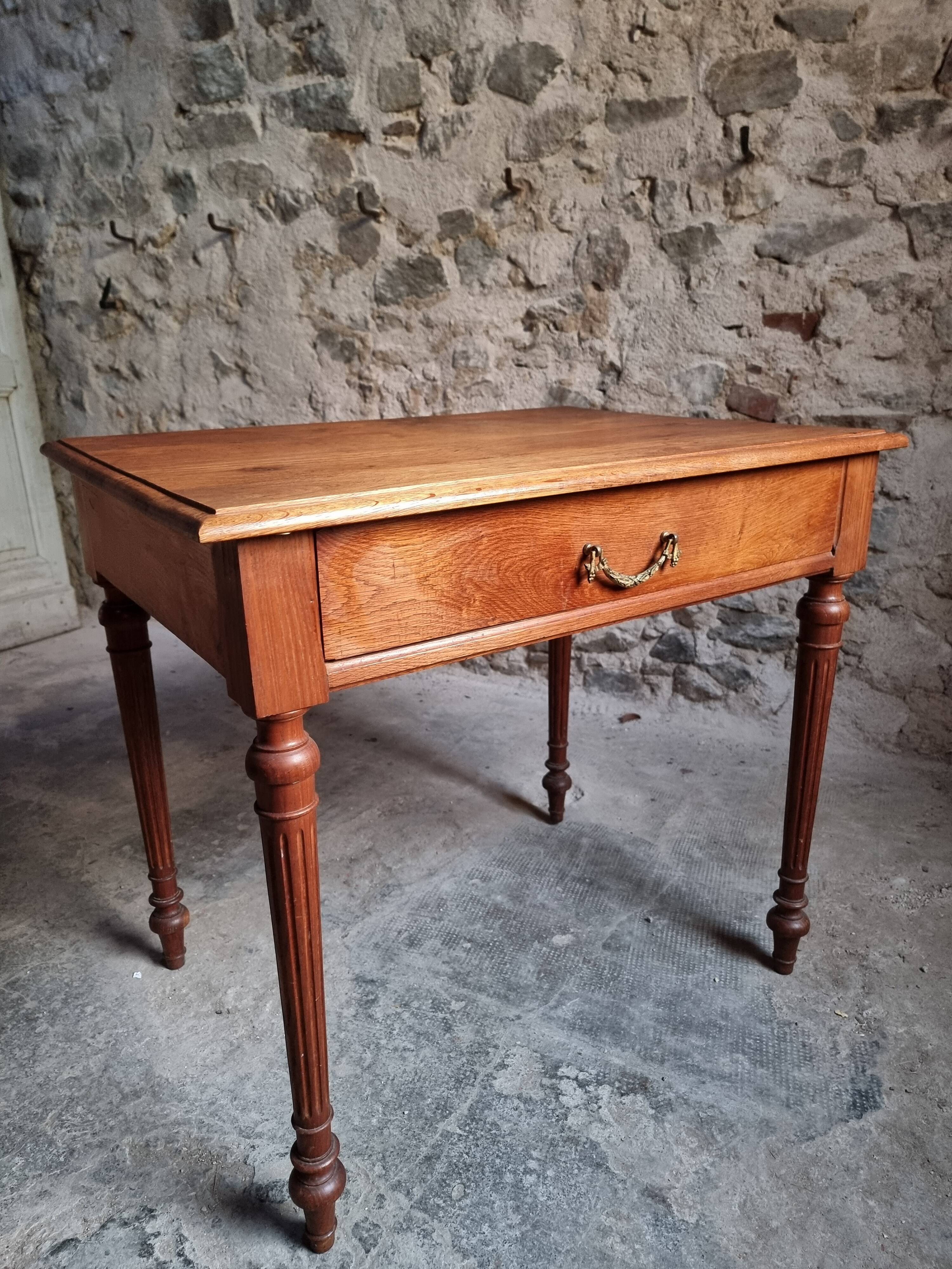 Antique oak writing table with drawer, French side table, console, solid oak desk, circa 1930–1950.
