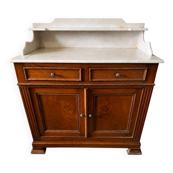 Meuble ancien en bois, marbre blanc–coiffeuse, console, meuble toilett
