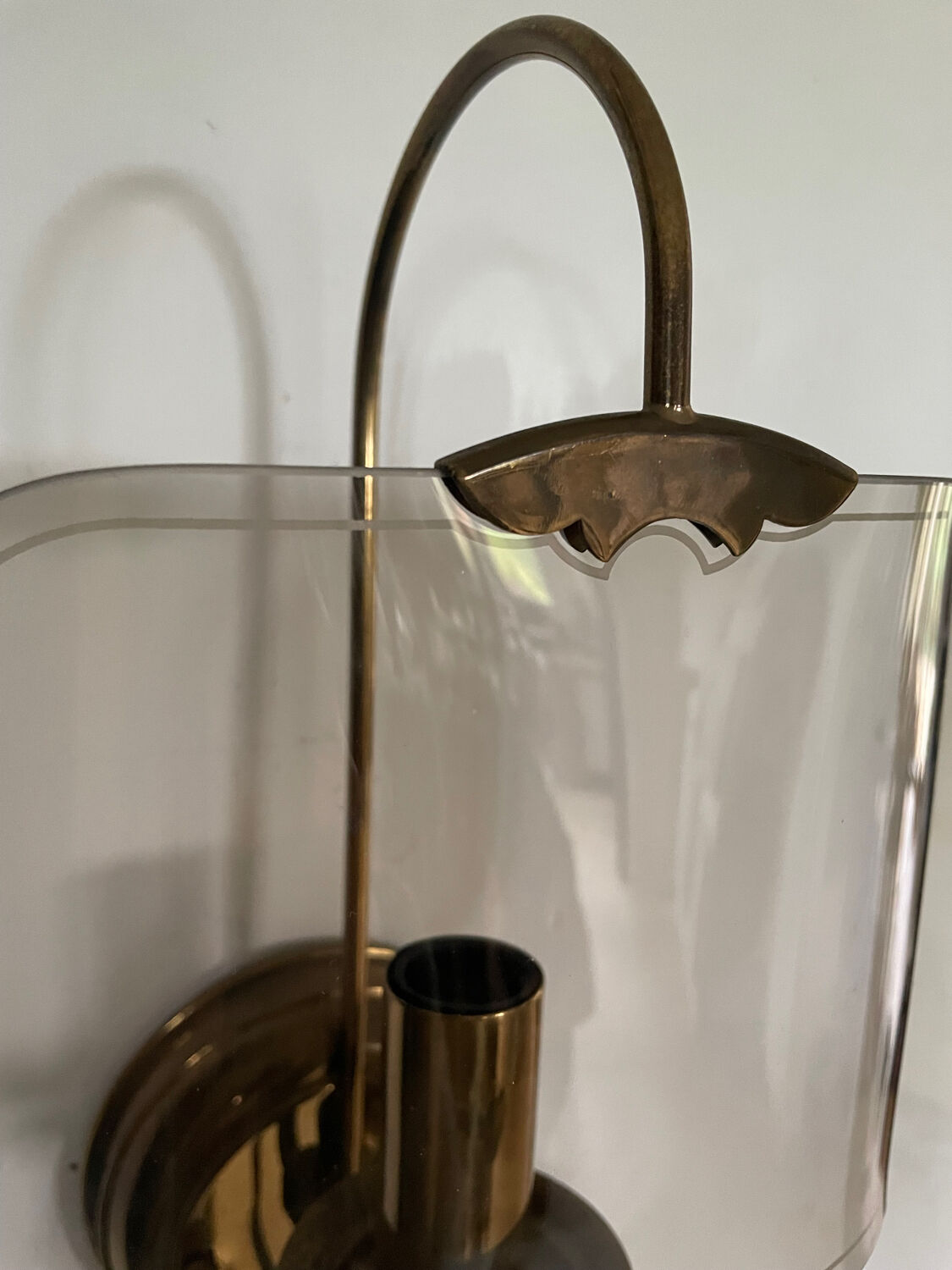 Pair of vintage brass and smoked glass wall lights