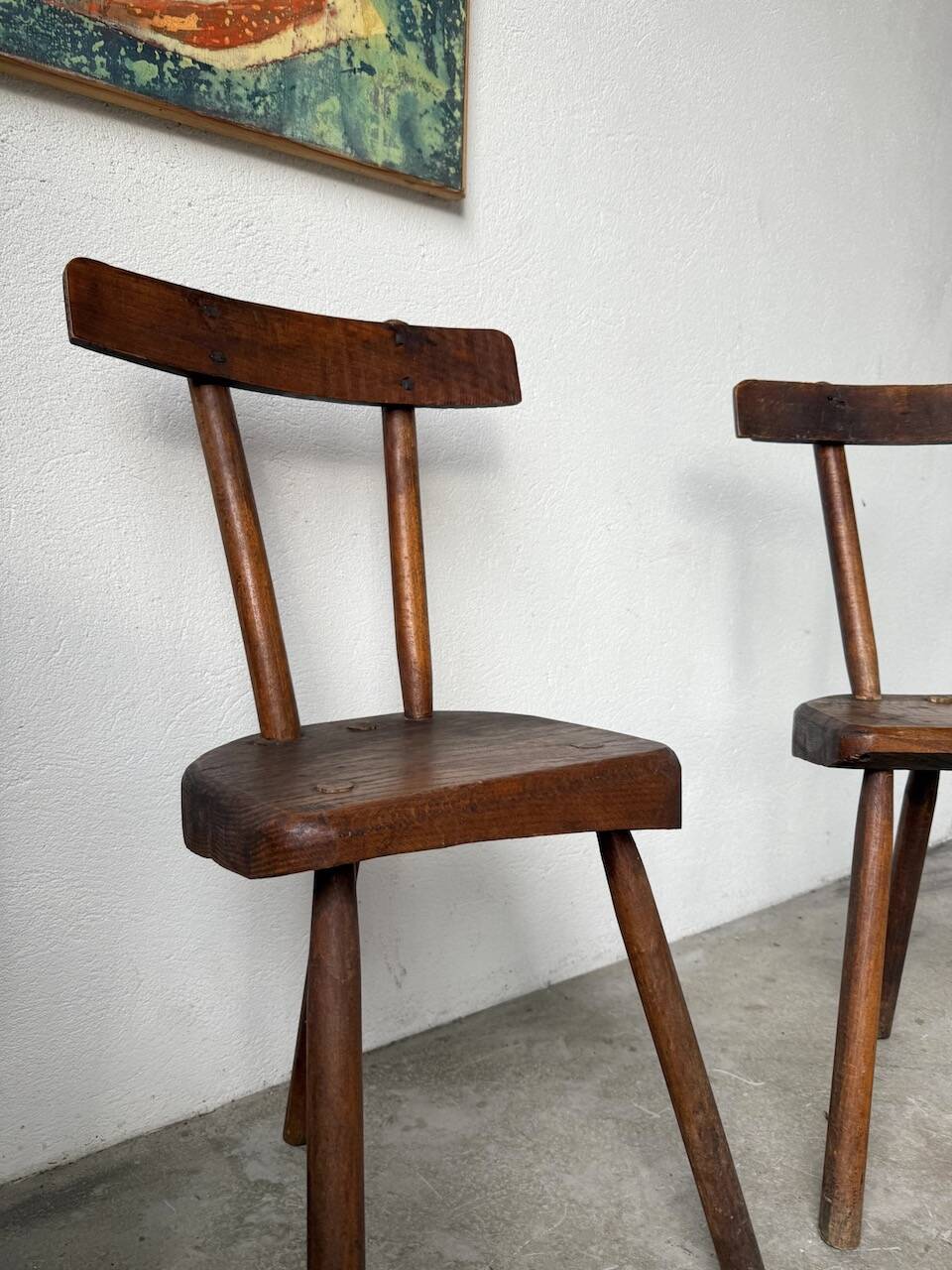 Pair of Savoyard tripod chairs, folk art, oak.