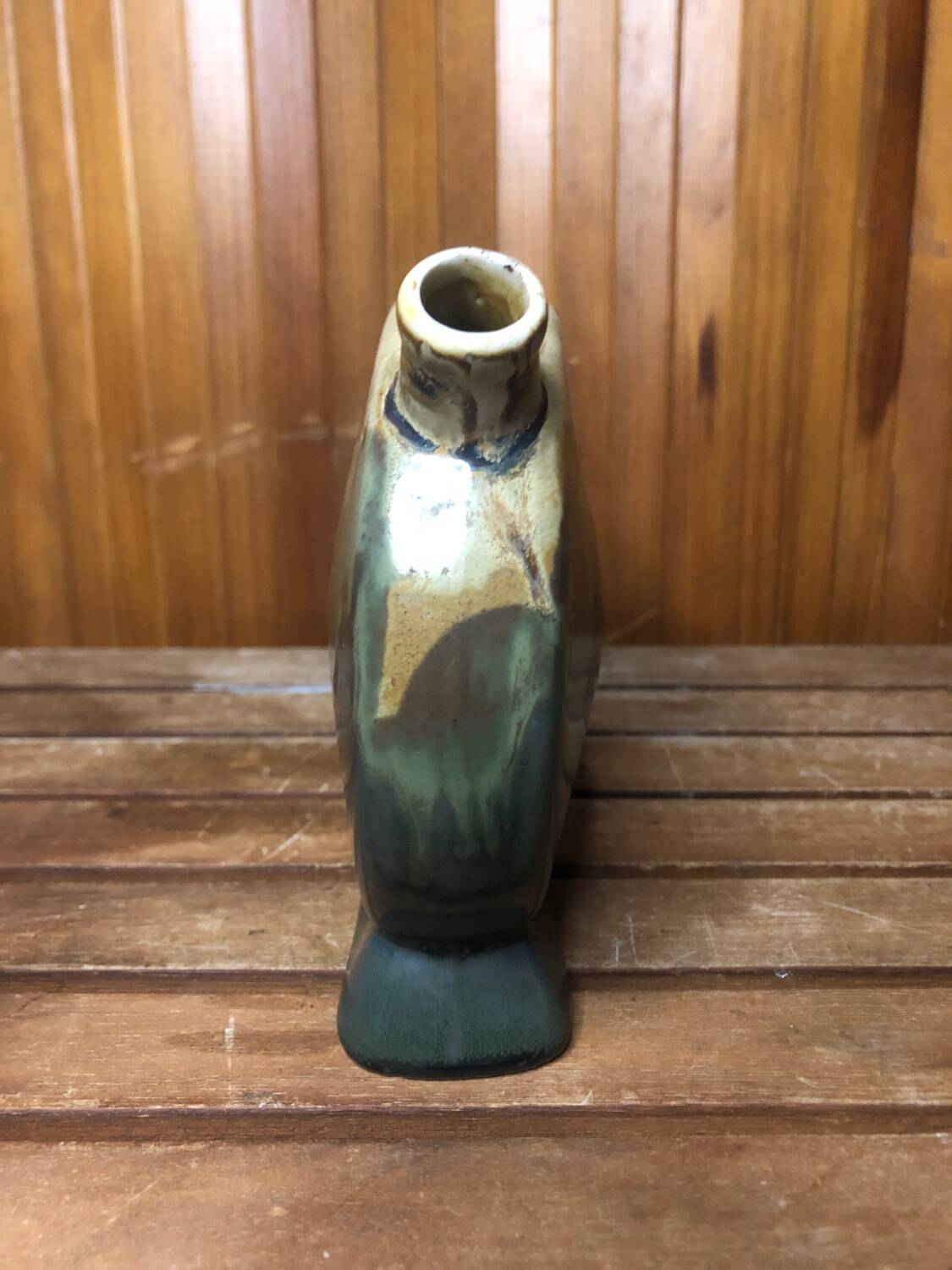 Old beige & green ceramic bottle + vintage handle