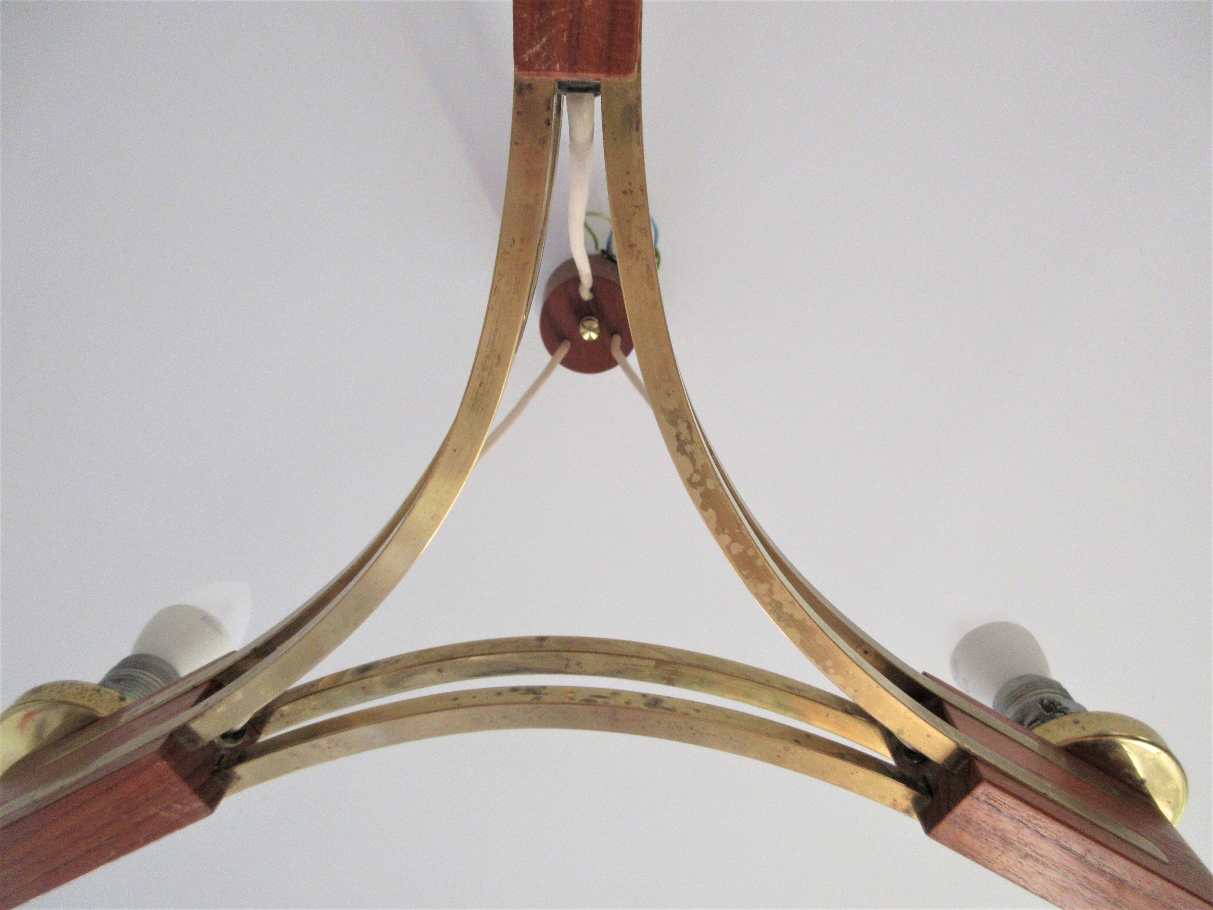 Set of 3-branched chandelier wood/brass/glass, 50-60s