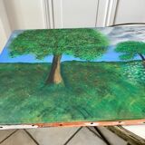 Tableau huile sur toile paysage église pointillisme ancien