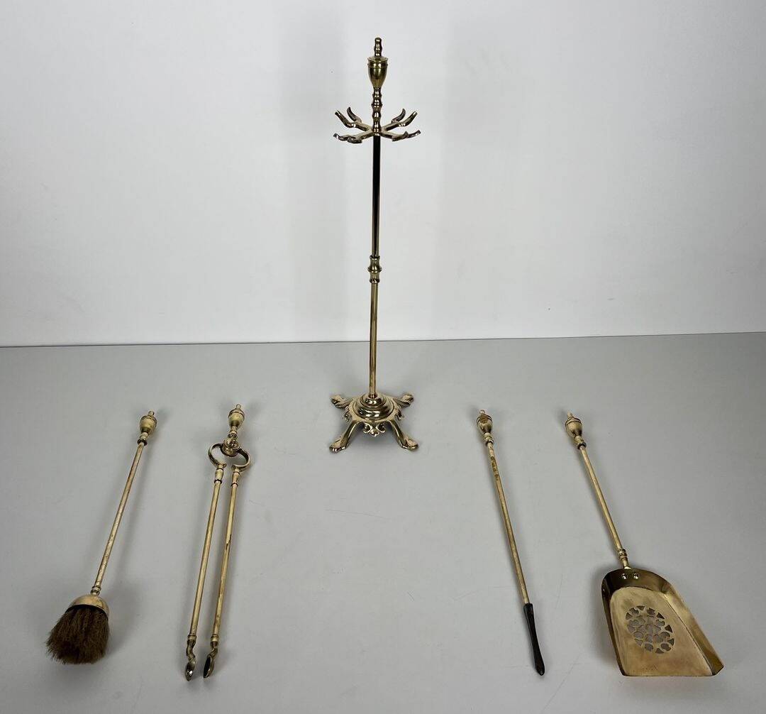 Neoclassical Polished Brass Fire Set with Ring Tools