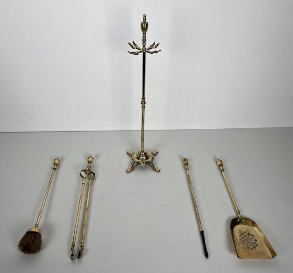 Nécessaire de Feu de Style Néoclassique en Laiton Poli à Outils à Anneaux