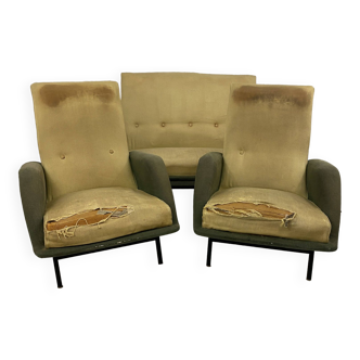 Sofa and pair of Guy Besnard armchairs by Claude Delor