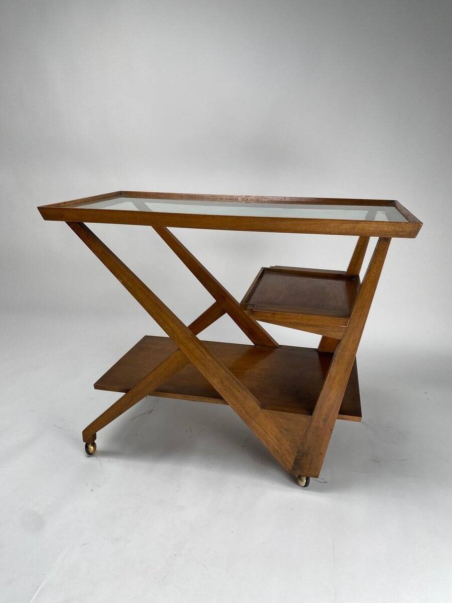 Chariot de bar en bois dans le goût de Charlotte Perriand, Italie années 1950