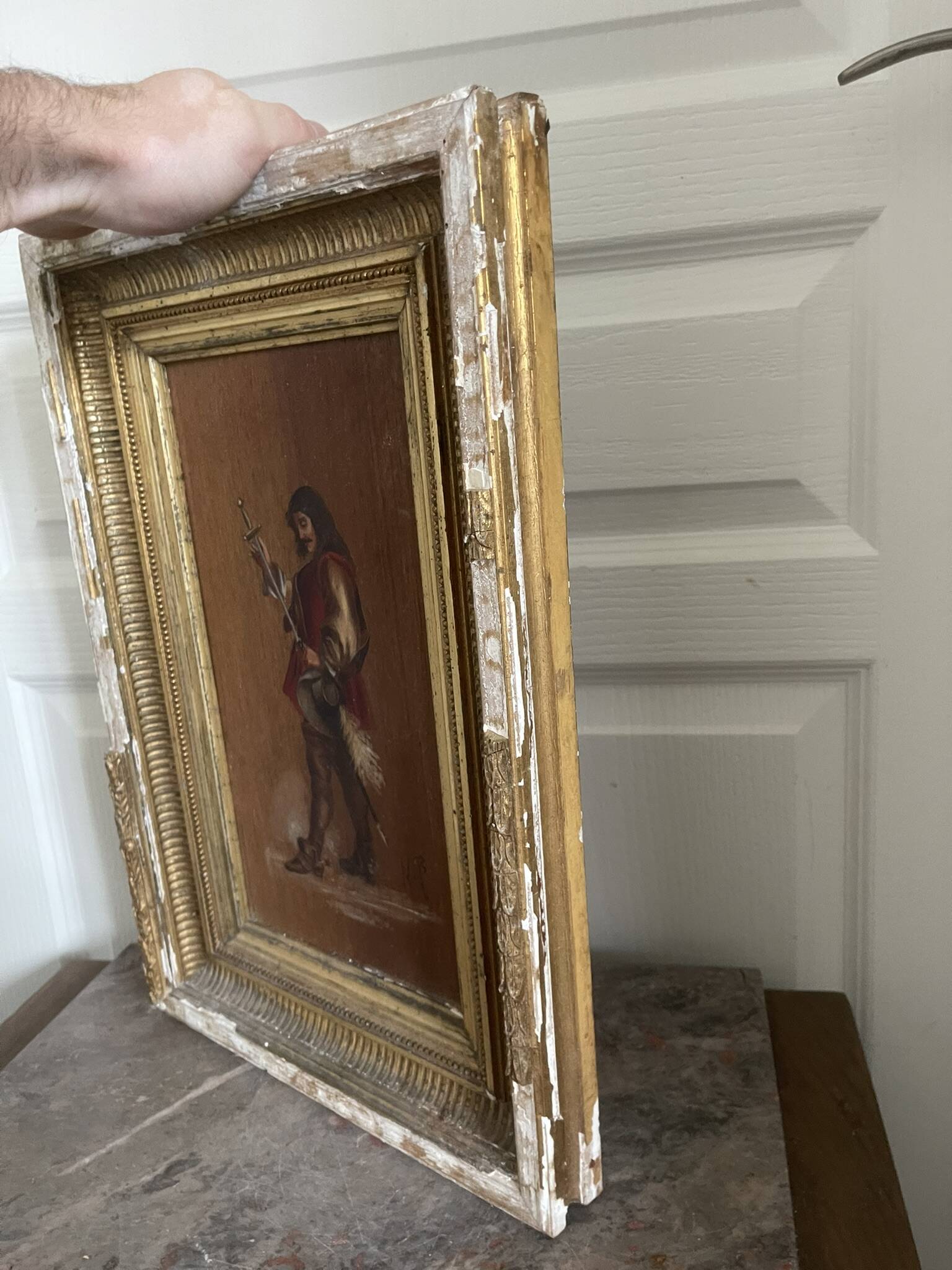Antique Oil Wood Panel Framed Musketeer Signed 19th Century