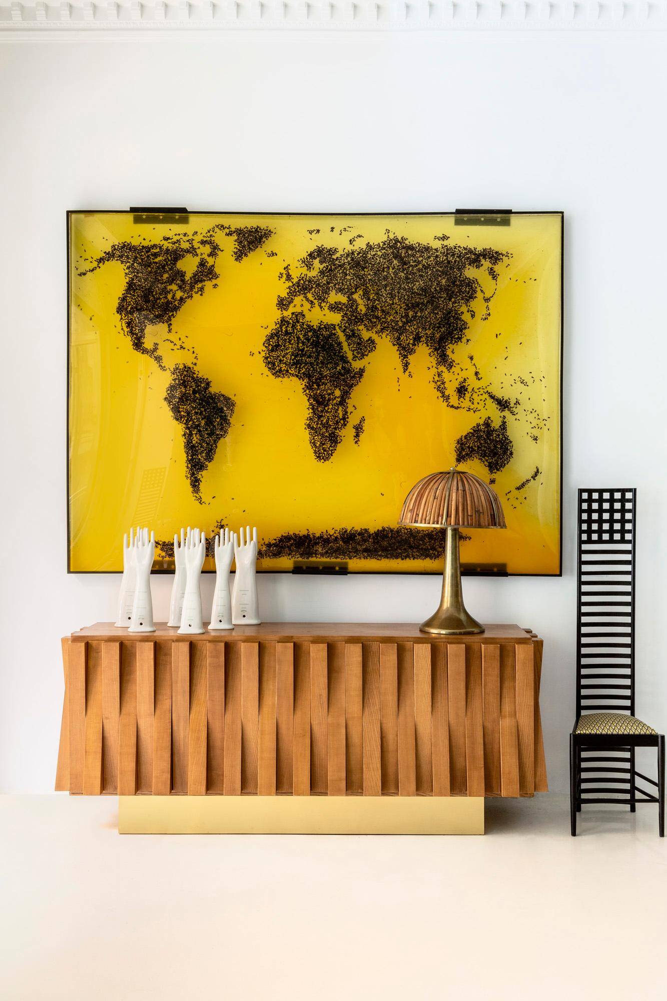 Brutalist Style Cabinet, Italian Faceted Oakwood and Brass Sideboard