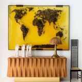 Brutalist Style Cabinet, Italian Faceted Oakwood and Brass Sideboard