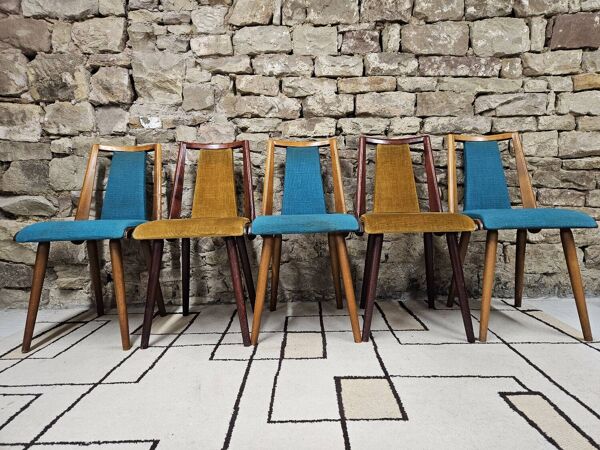 Lot de 5 chaises vintage bistrot pied fuseau 1960