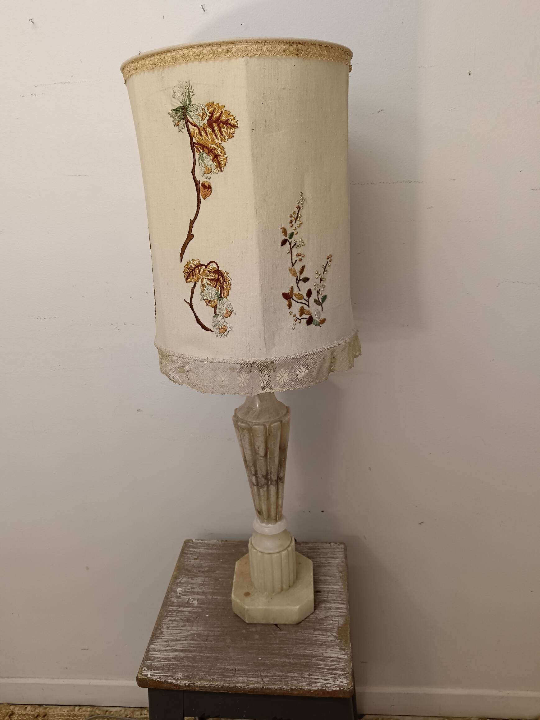 Marble base lamp with antique hand-embroidered lampshade