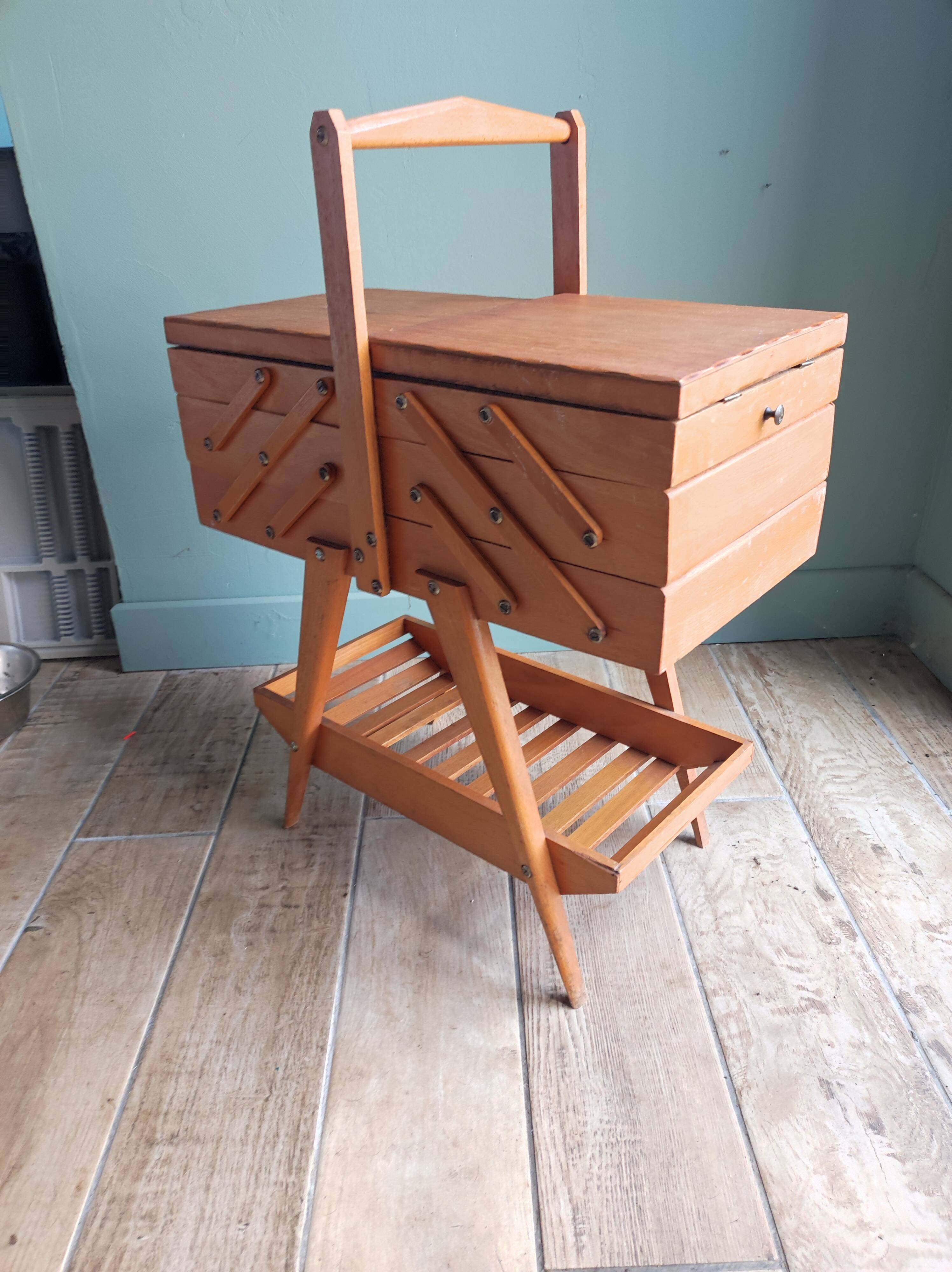 Sewing box worker wood feet compass vintage Scandinavian design