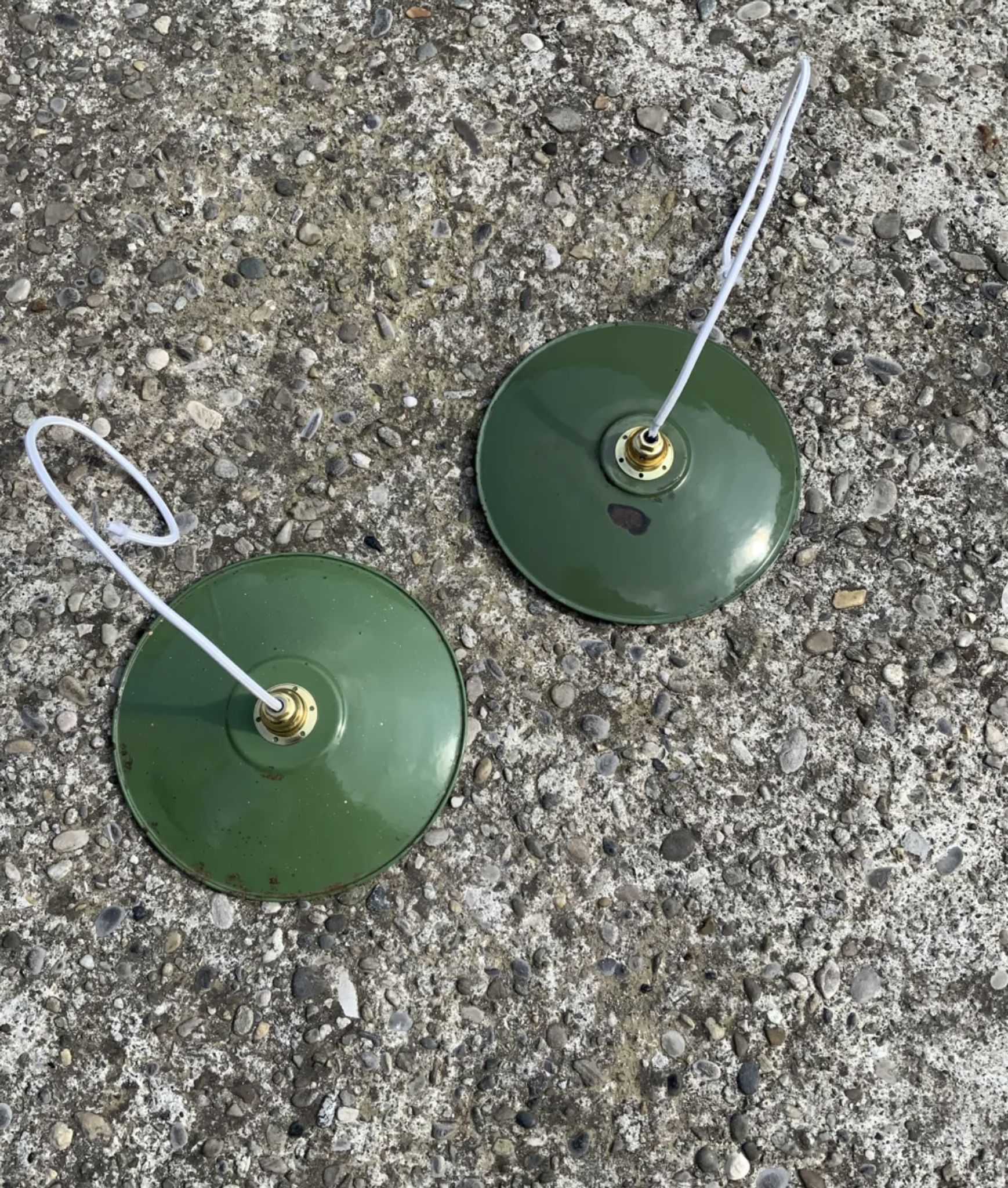 Pair of vintage hanging green enamel sheet and white new electricity LED