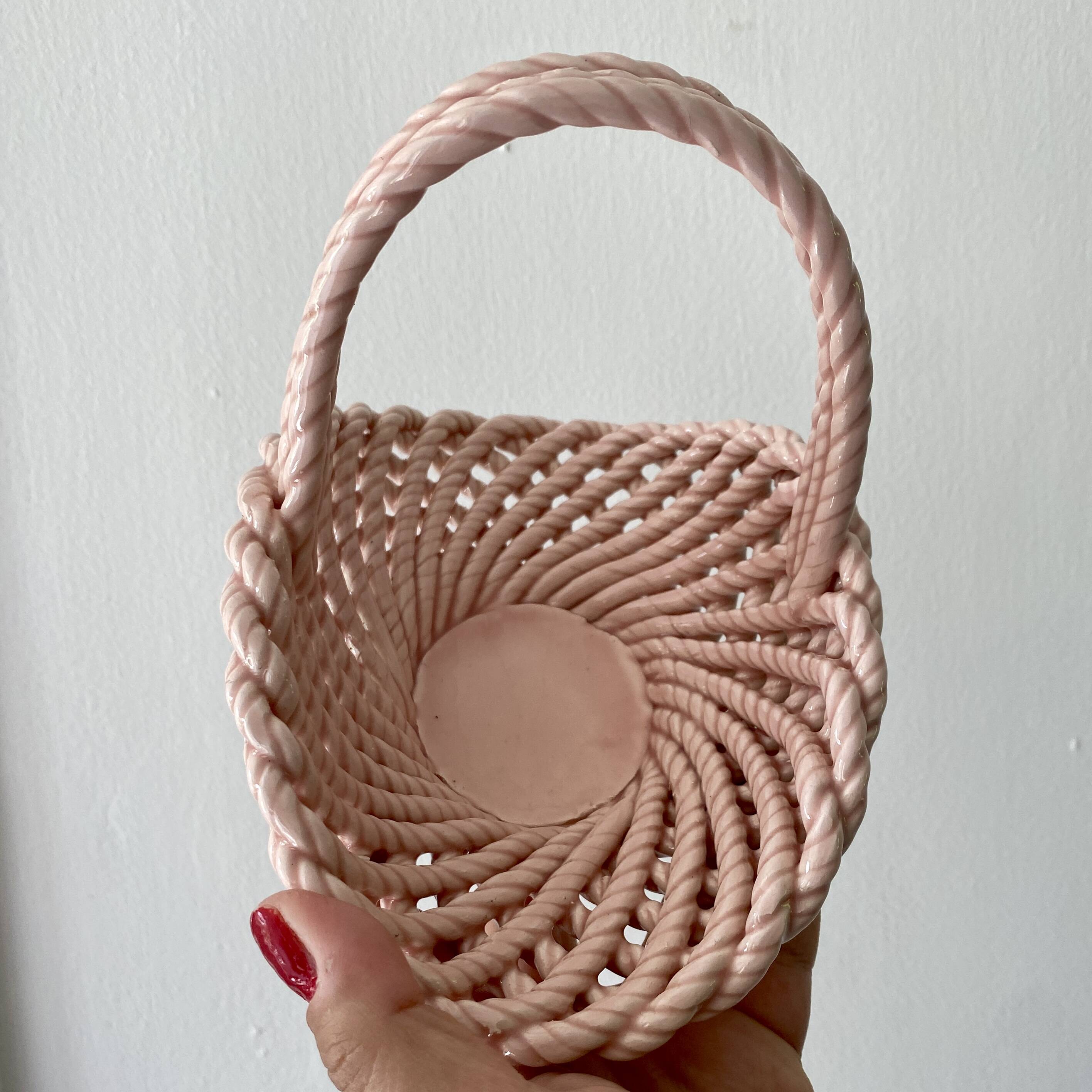 Vintage pink woven ceramic basket