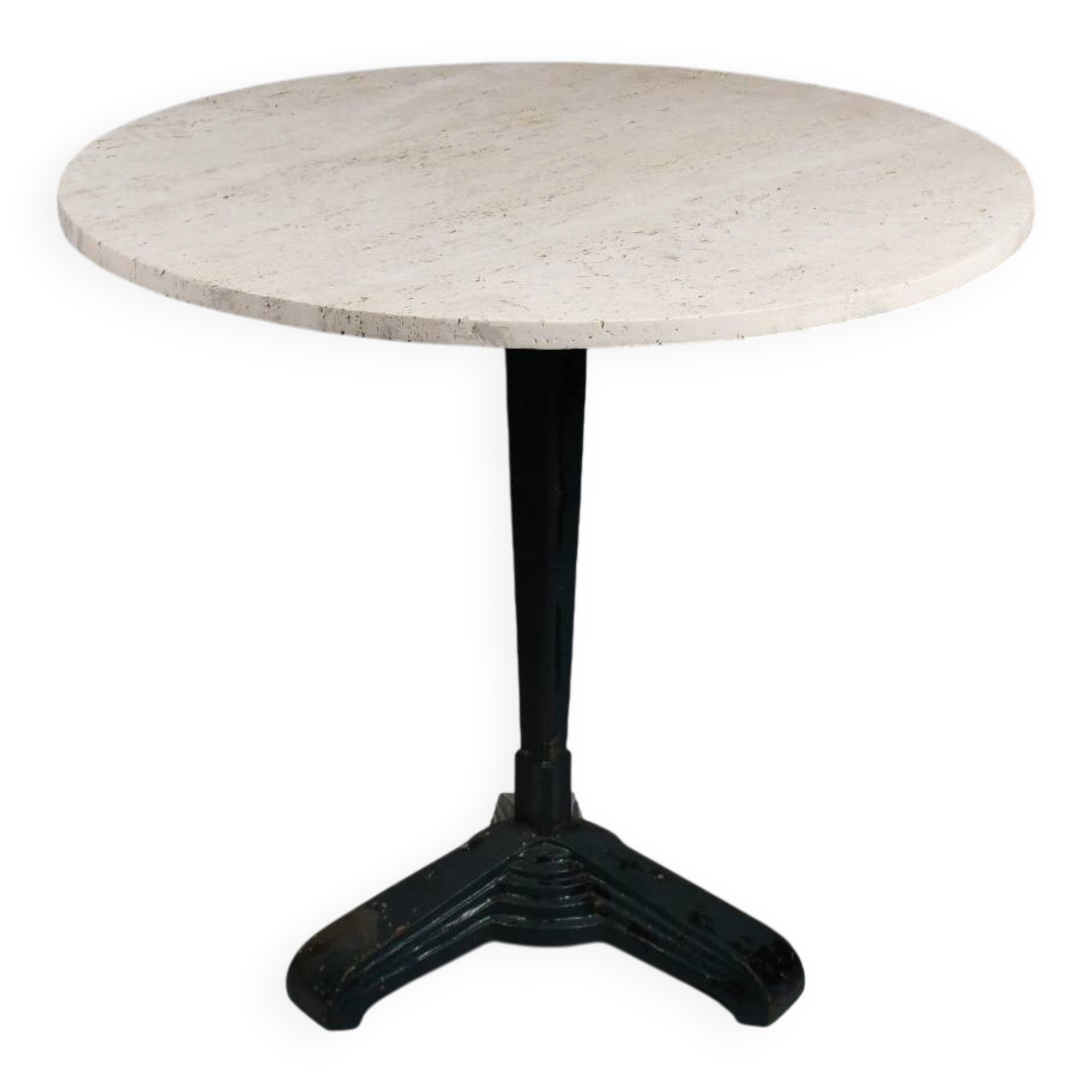 Table de bistrot/salle à manger en travertin vintage avec base en métal. (B)