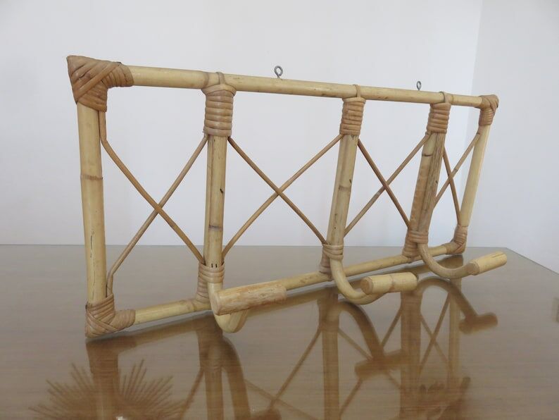 Bamboo rattan coat rack, 3 hooks 70s