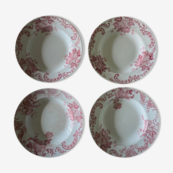 Set of 4 old plates hollow in pink iron earth, Snowball Saint-Amand