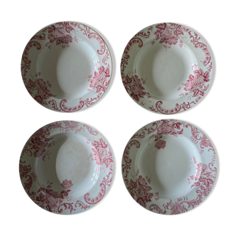 Set of 4 old plates hollow in pink iron earth, Snowball Saint-Amand