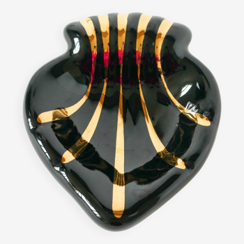 Heart / shell ceramic pocket tray, black and gold, signed, 1950