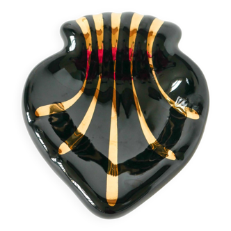 Heart / shell ceramic pocket tray, black and gold, signed, 1950