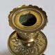Duo of solid brass and gold metal candle holders worked old
