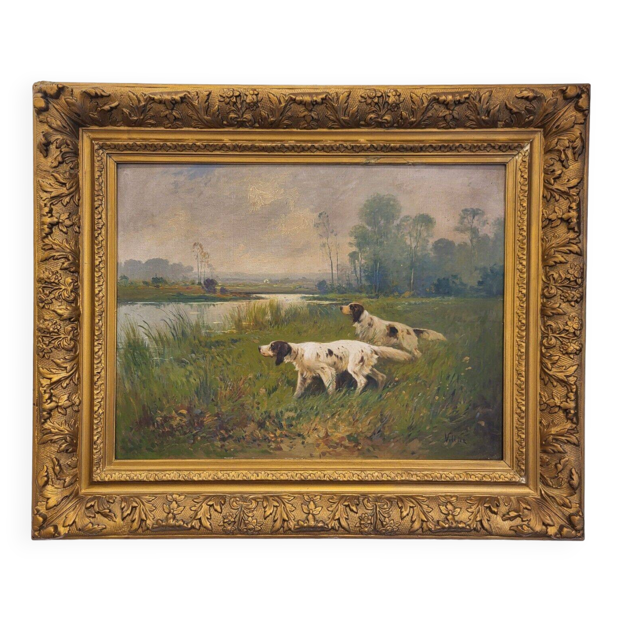 Grande peinture à l'huile sur toile chien de chasse dans le bois signée