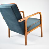 Original vintage armchair, restored, ocean blue velvet, 1960s