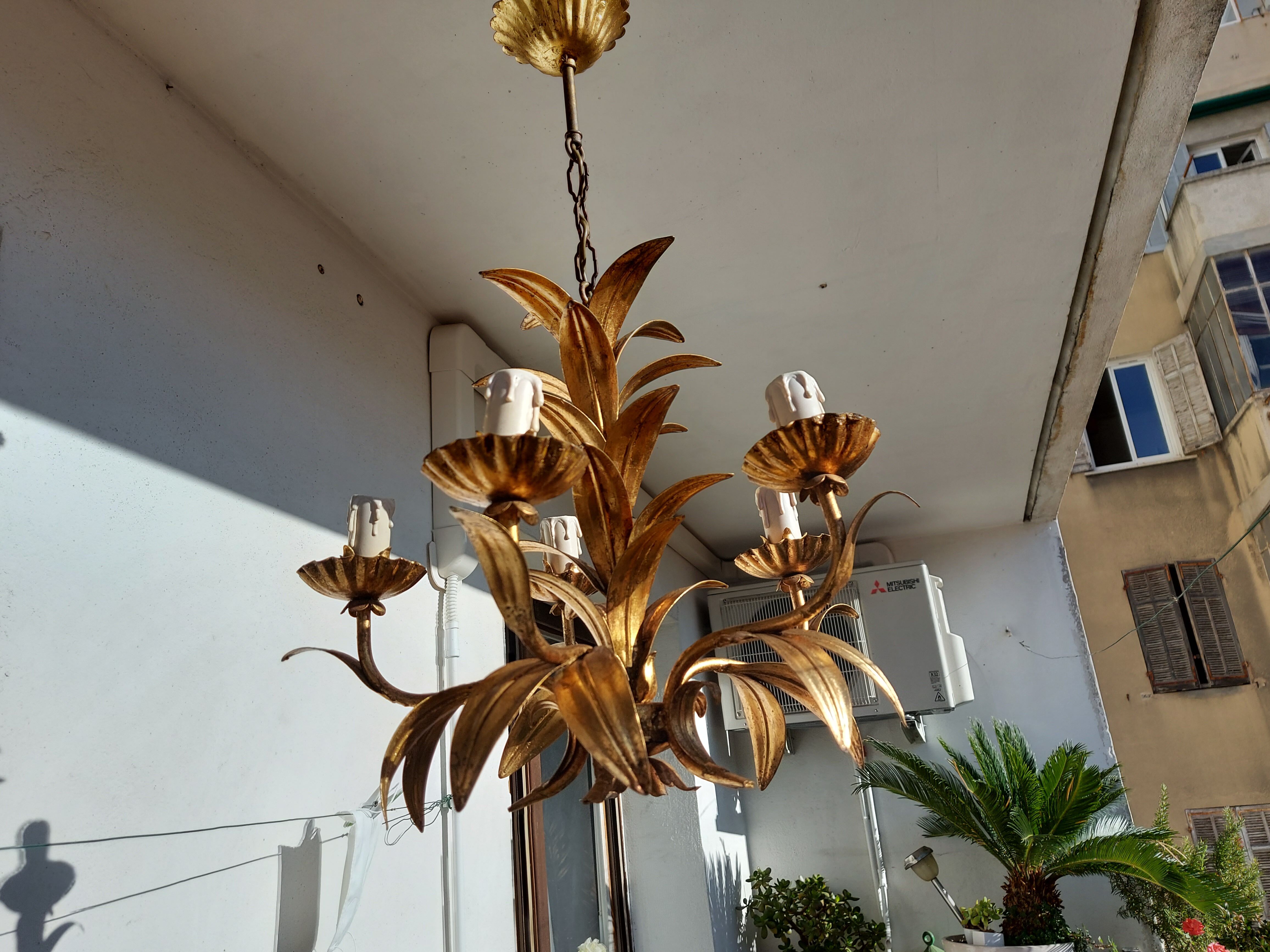 Chandelier gilded metal leaves by Hans Kogl, 1970's