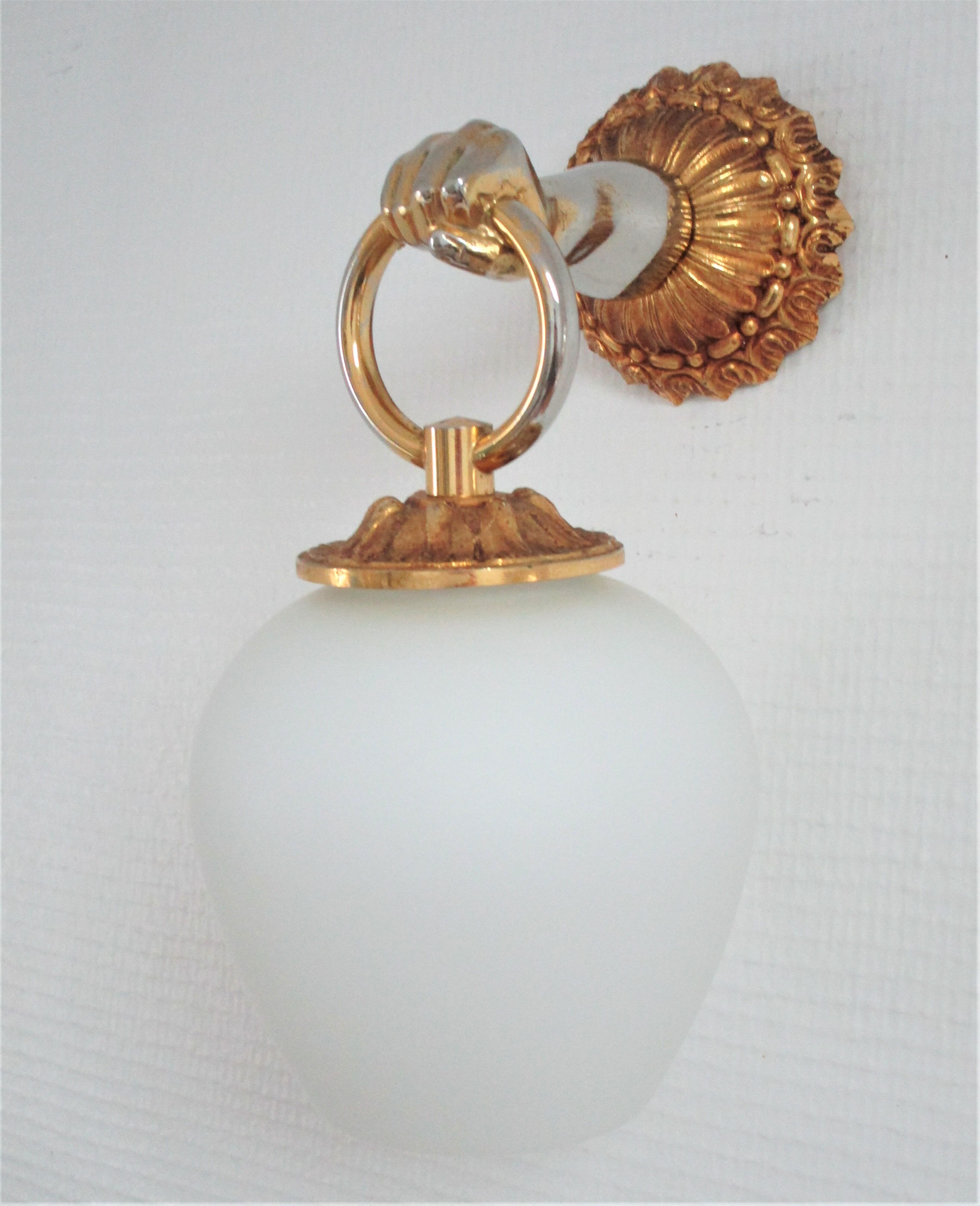 Hand sconce golden metal patinated opaline vintage