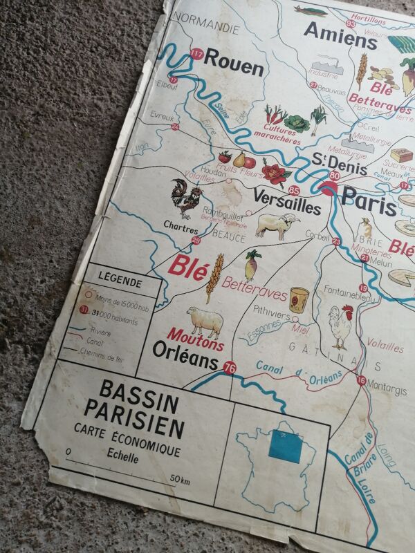Carte scolaire vintage mdi France Normandie Bassin Parisien.