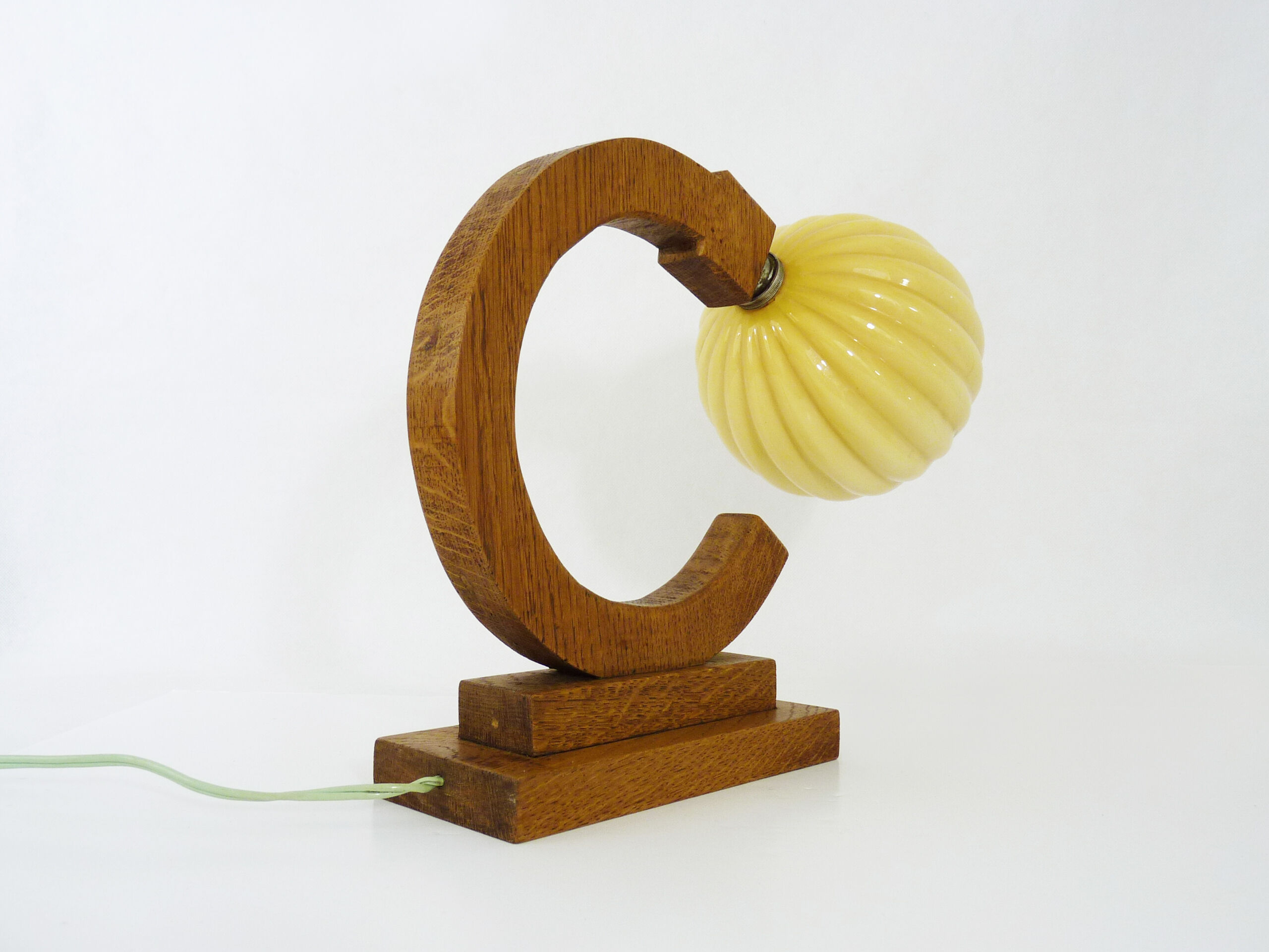 Art deco modernist wooden table lamp globe in yellow glass