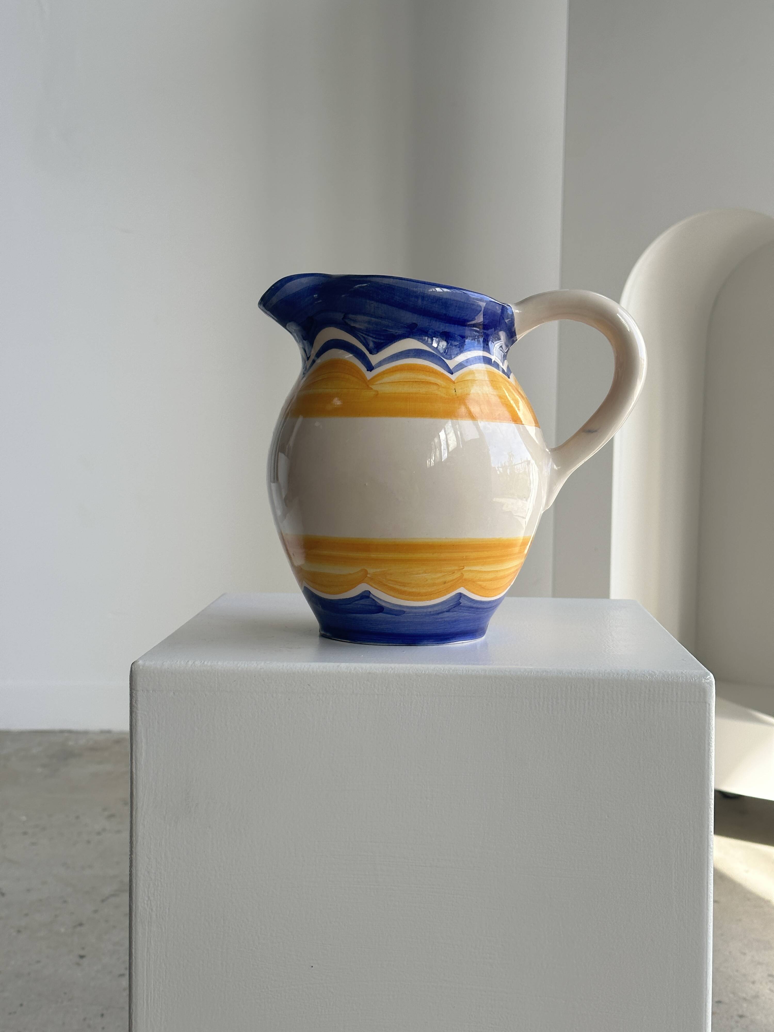 Large blue and yellow hand painted carafe H:20cm