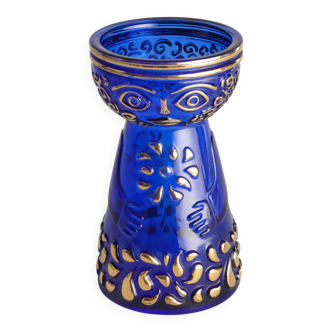 Mid-Century Modern Cobalt Blue and Gold Glass Hyacinth Vase by Walther Glas