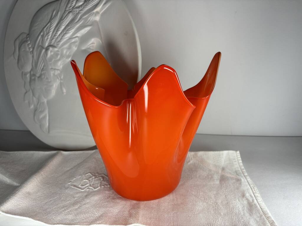 Murano orange handkerchief vase large 1970 Italy