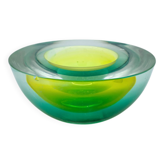 Flavio poli ashtray, murano, green/yellow, seguso, 1970