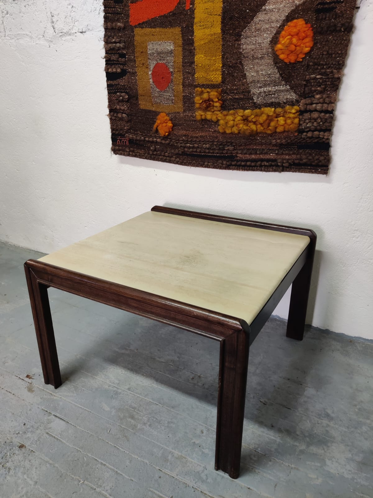 Vintage coffee table wood and travertine