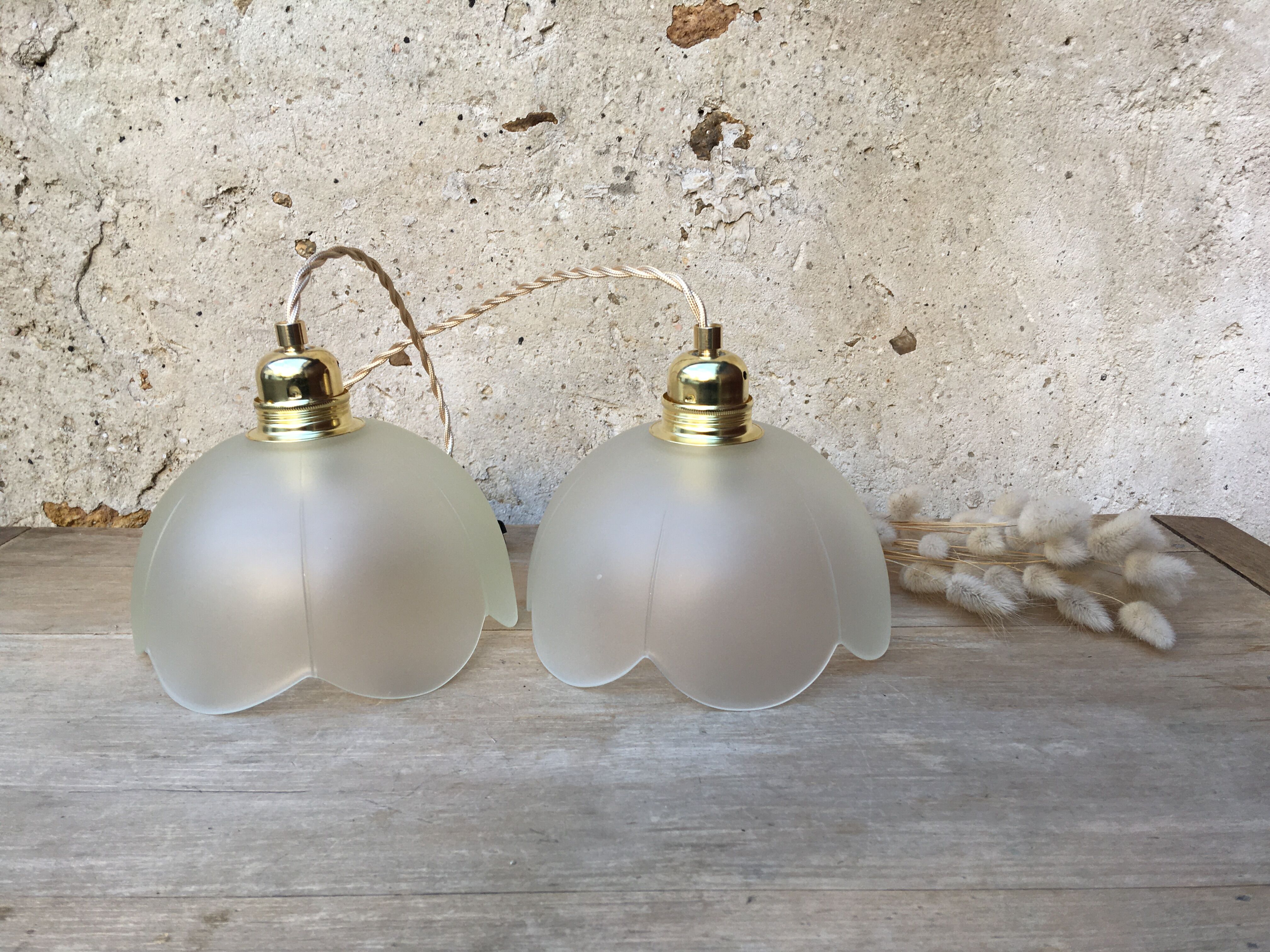 Pair of vintage flower pendants in frosted glass