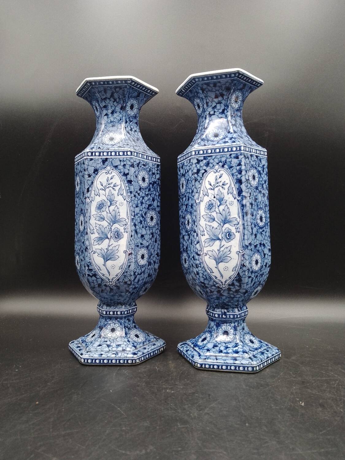 Antique 19th century Delft pair of hexagonal vases - Petrus Regout Maestricht