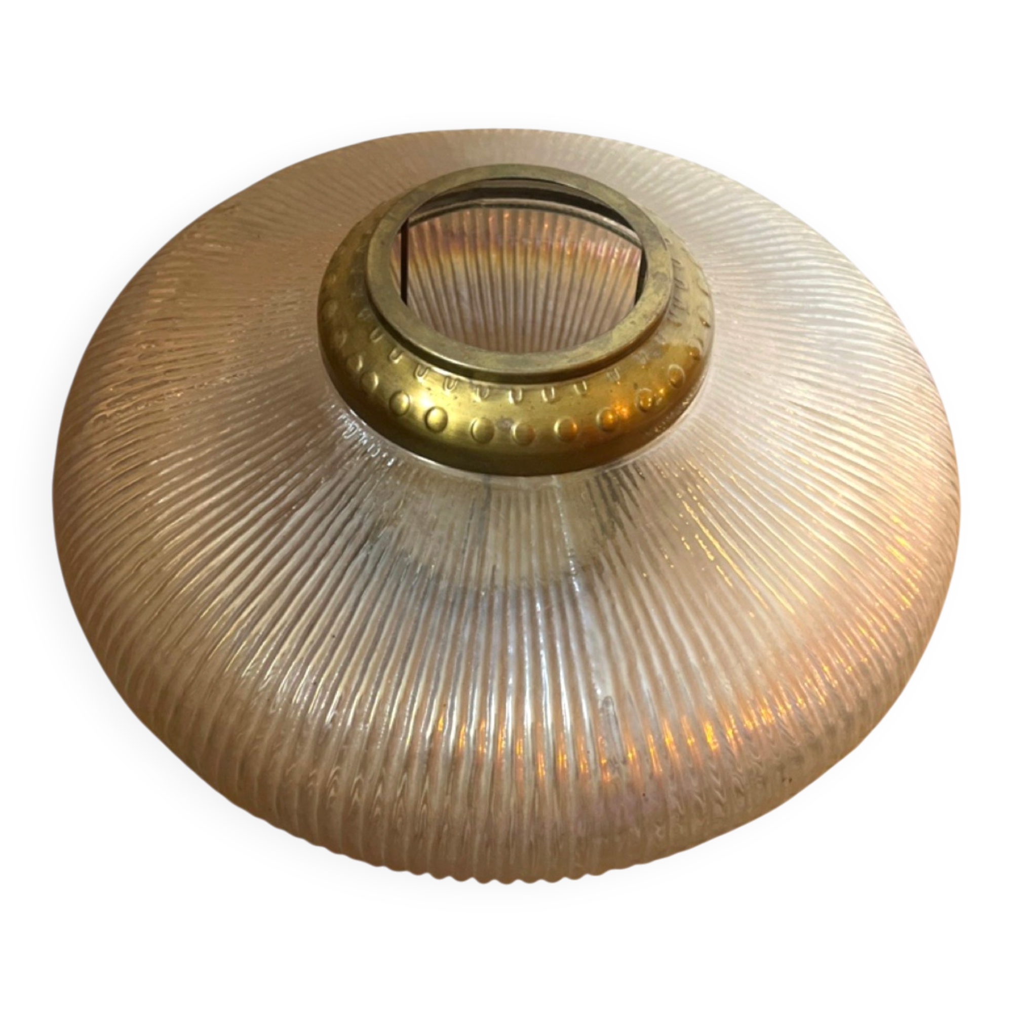 Photophore holophane en verre et laiton
