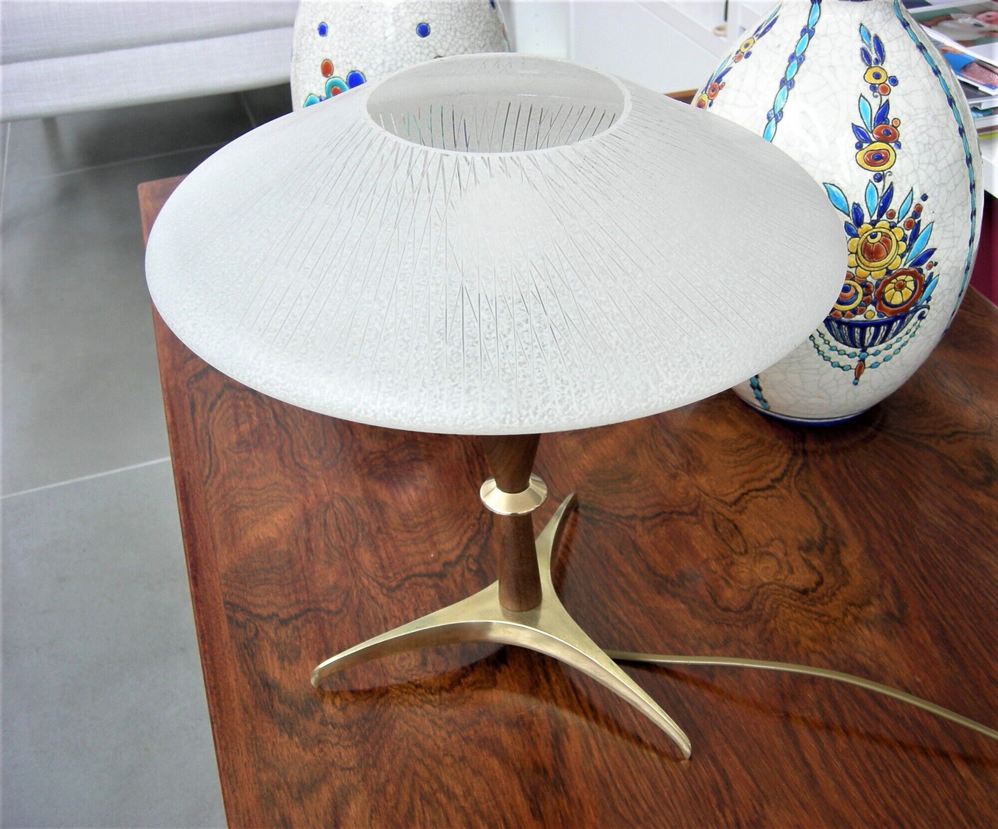 Scandinavian style lamp in teak, brass and opaline