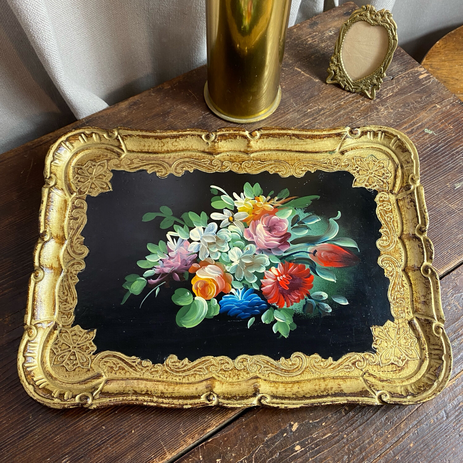 Wooden platter, hand-painted decoration