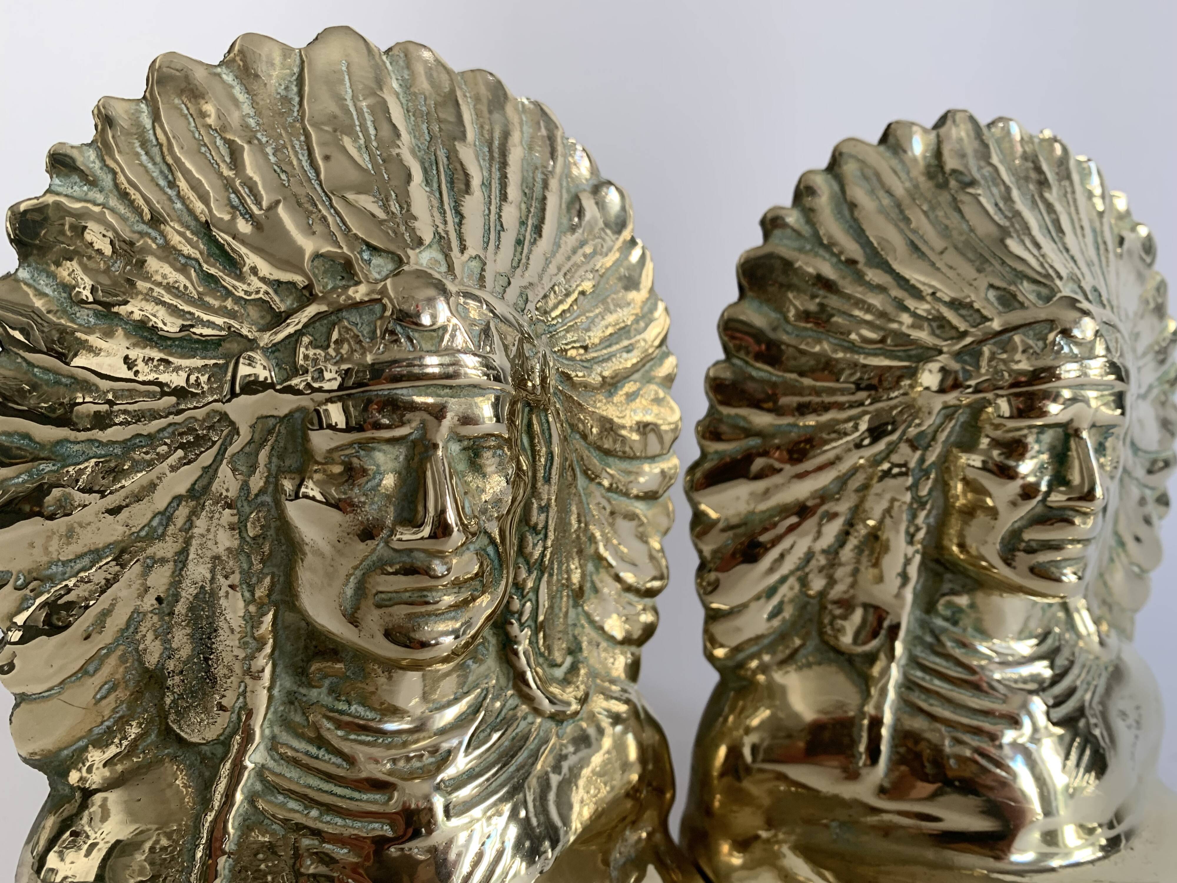 Serre-livres chef indien en laiton massif doré, 1970