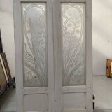 Double dividing door in wood and etched glass, 20th century