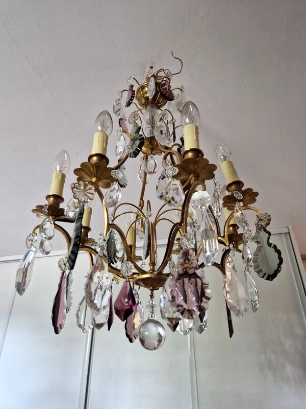 Brass cage chandelier and crystal pendants with 8 lights and 79 pendants