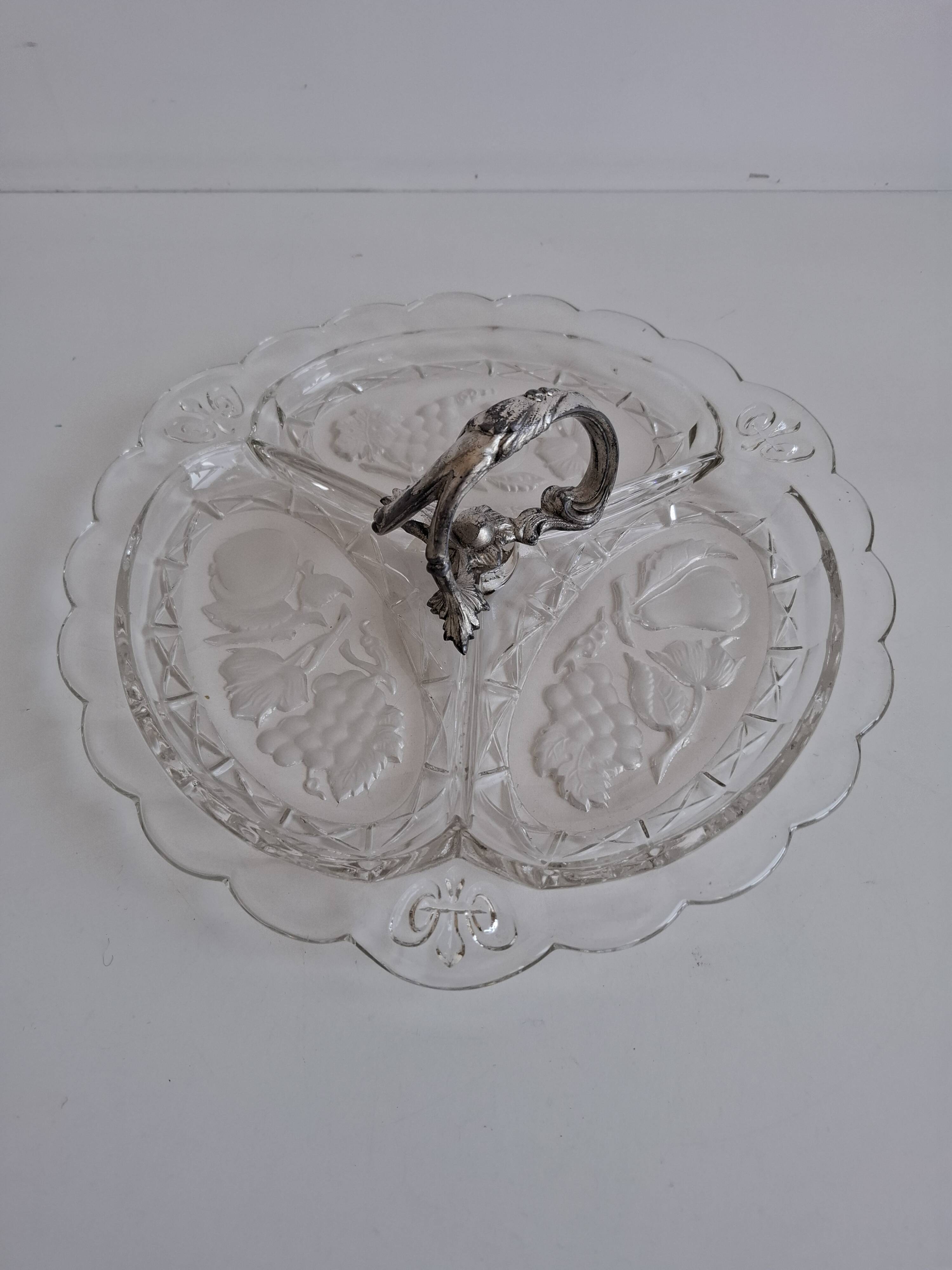 Art Deco Pressed Glass Divided Serving Dish with Alpaca Handle, 1930