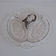 Art Deco Pressed Glass Divided Serving Dish with Alpaca Handle, 1930