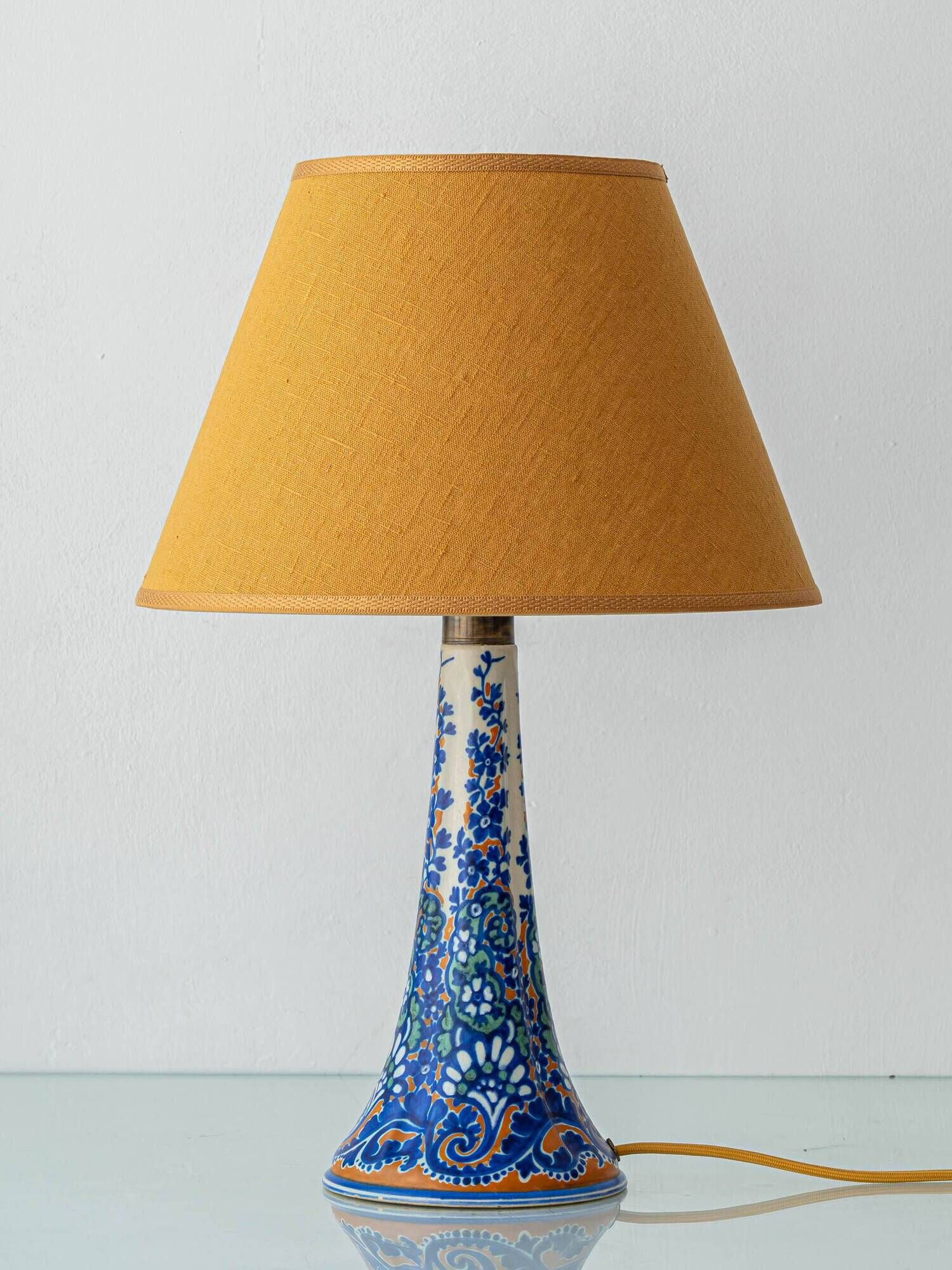 Antique Art Deco Gouda Pottery Table Lamp, c. 1910-35, New Ochre Linen Shade