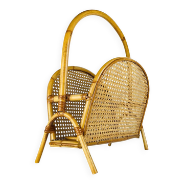 Vintage bamboo and Vienna straw magazine rack, 1960s.