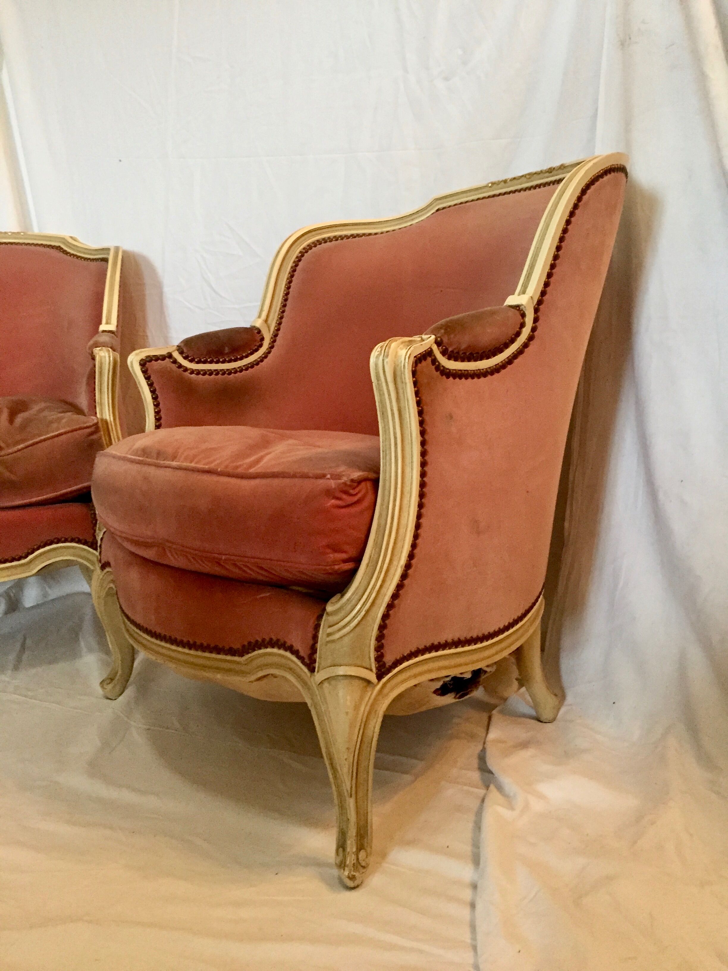 Pair of armchairs in wood and velvet, early 20th century